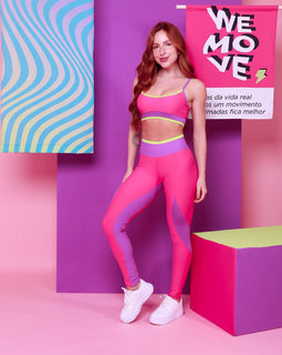 Conjunto 4U Sport - Top Nadador e Legging com Recortes - Rosa Pink, Roxo Uva e Verde Lima