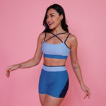 Conjunto Colors Sport - Top Decote e Short com Bolso - Azul Marinho, Azul Céu e Azul Mar