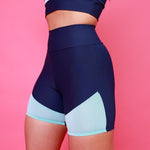 Conjunto Basic 4U - Top Camiseta e Short Recorte na Barra - Azul Marinho e Azul Piscina